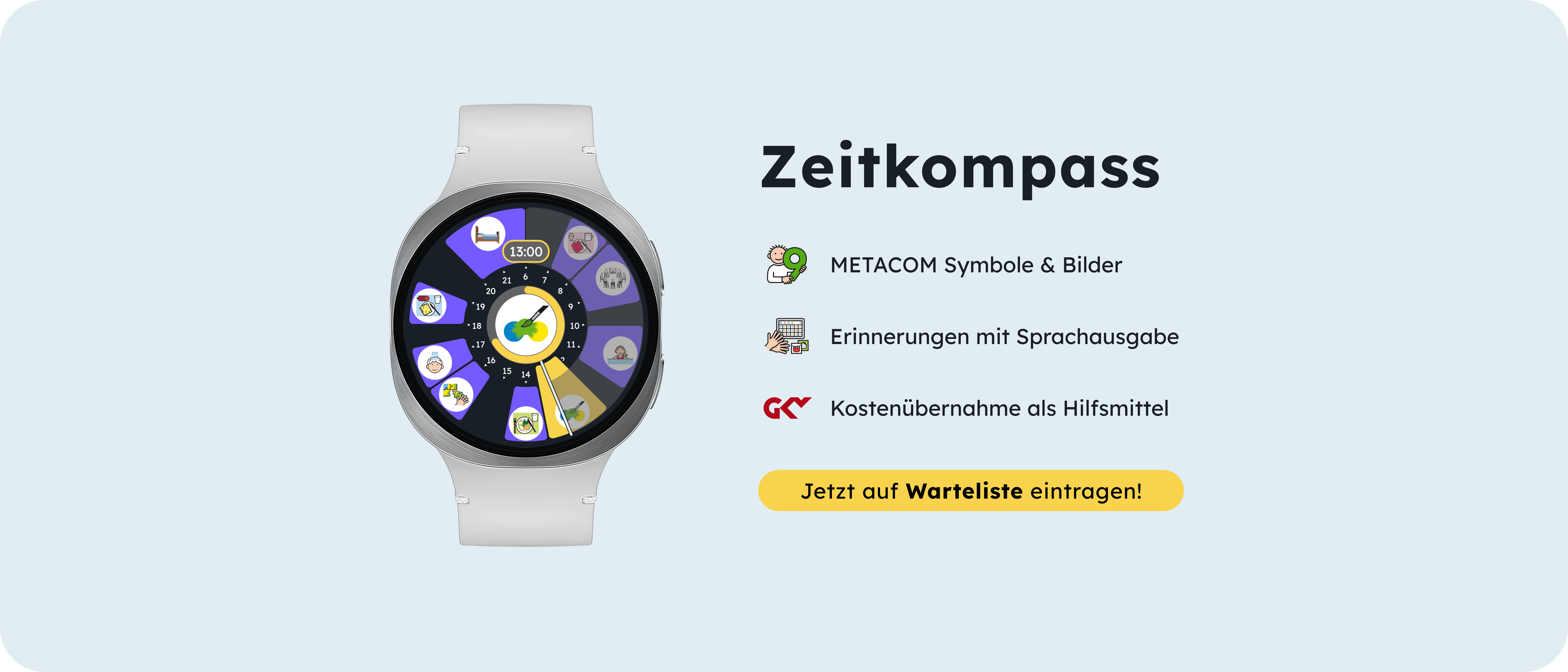 Zeitkompass Watch mit Funktionen wie METACOM Symbole und Erinnerungen