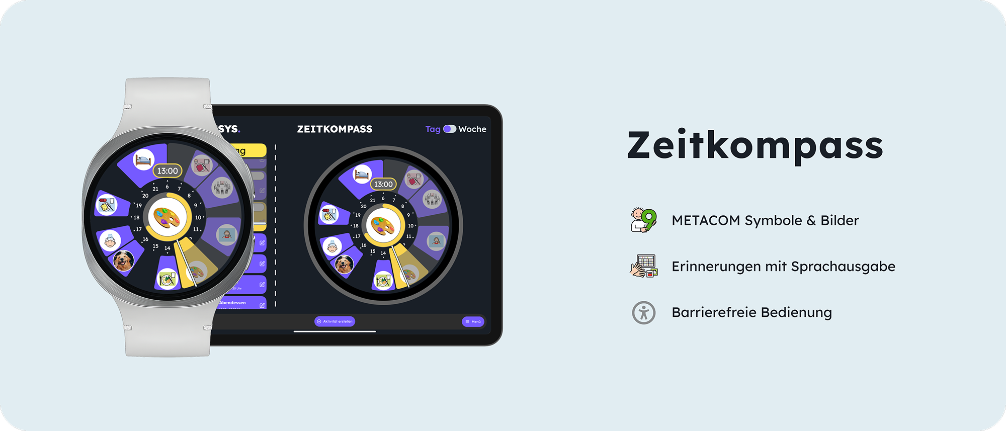 Zeitkompass Watch und App – METACOM-Symbole, Sprachausgabe, barrierefreie Bedienung